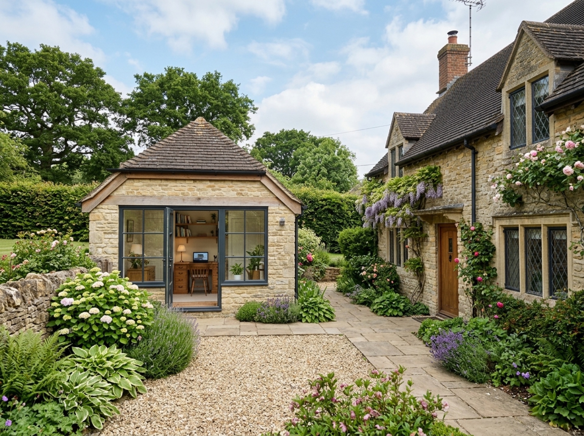 Detached garage converted into a home office with a glazed door