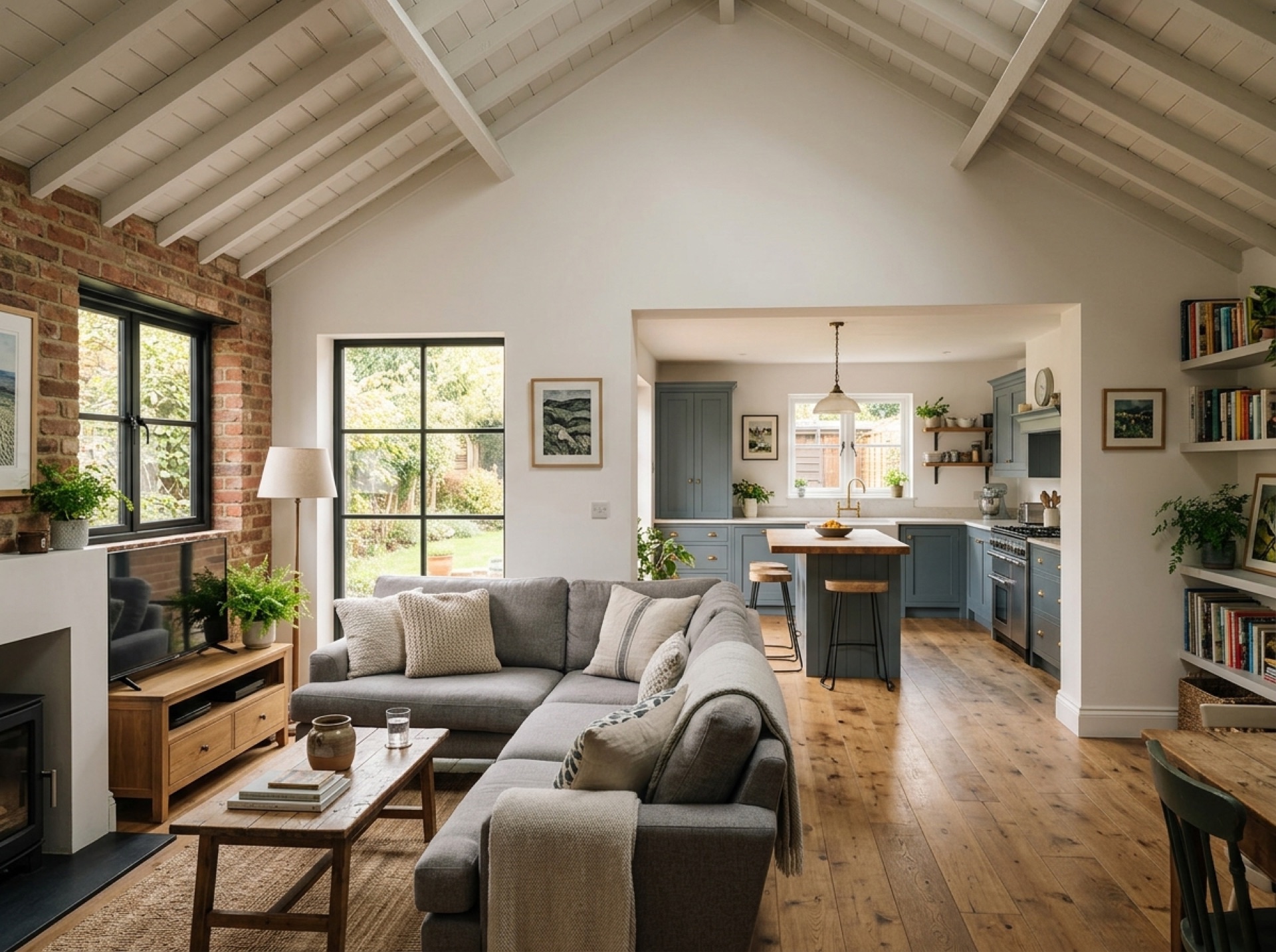 Converted garage opened into an open-plan family room next to the kitchen