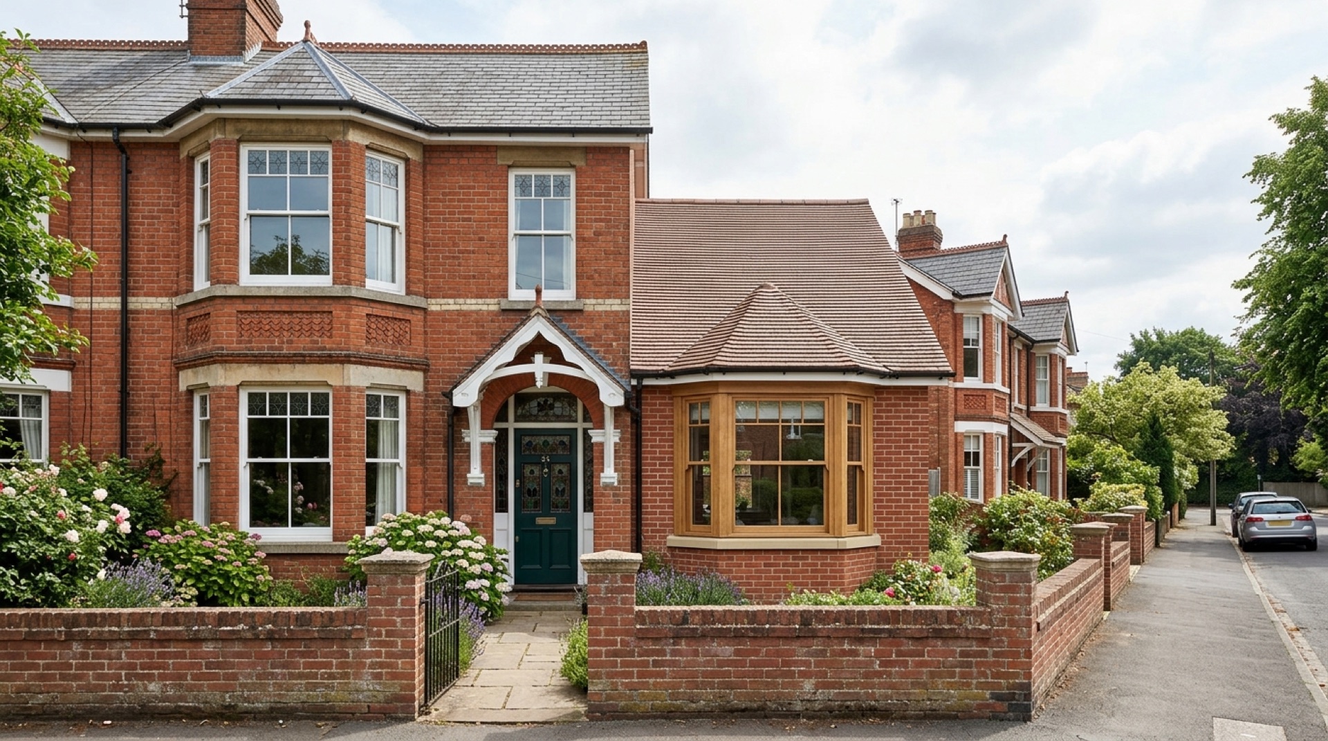 Red brick semi-detached house whose side garage has been converted with a new bay window