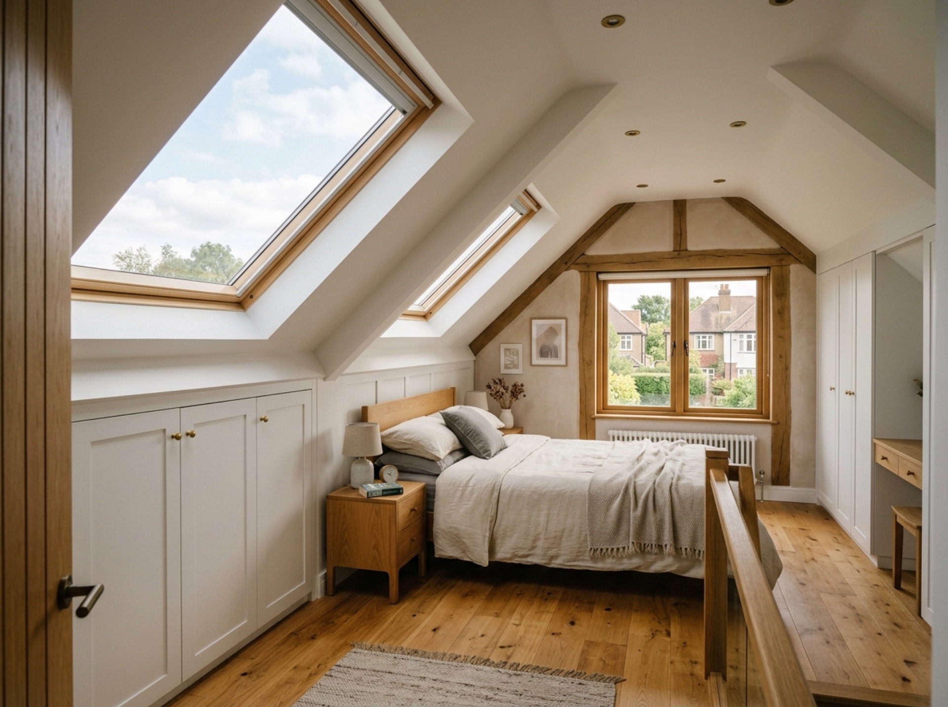 Finished loft conversion bedroom with roof windows and eaves storage