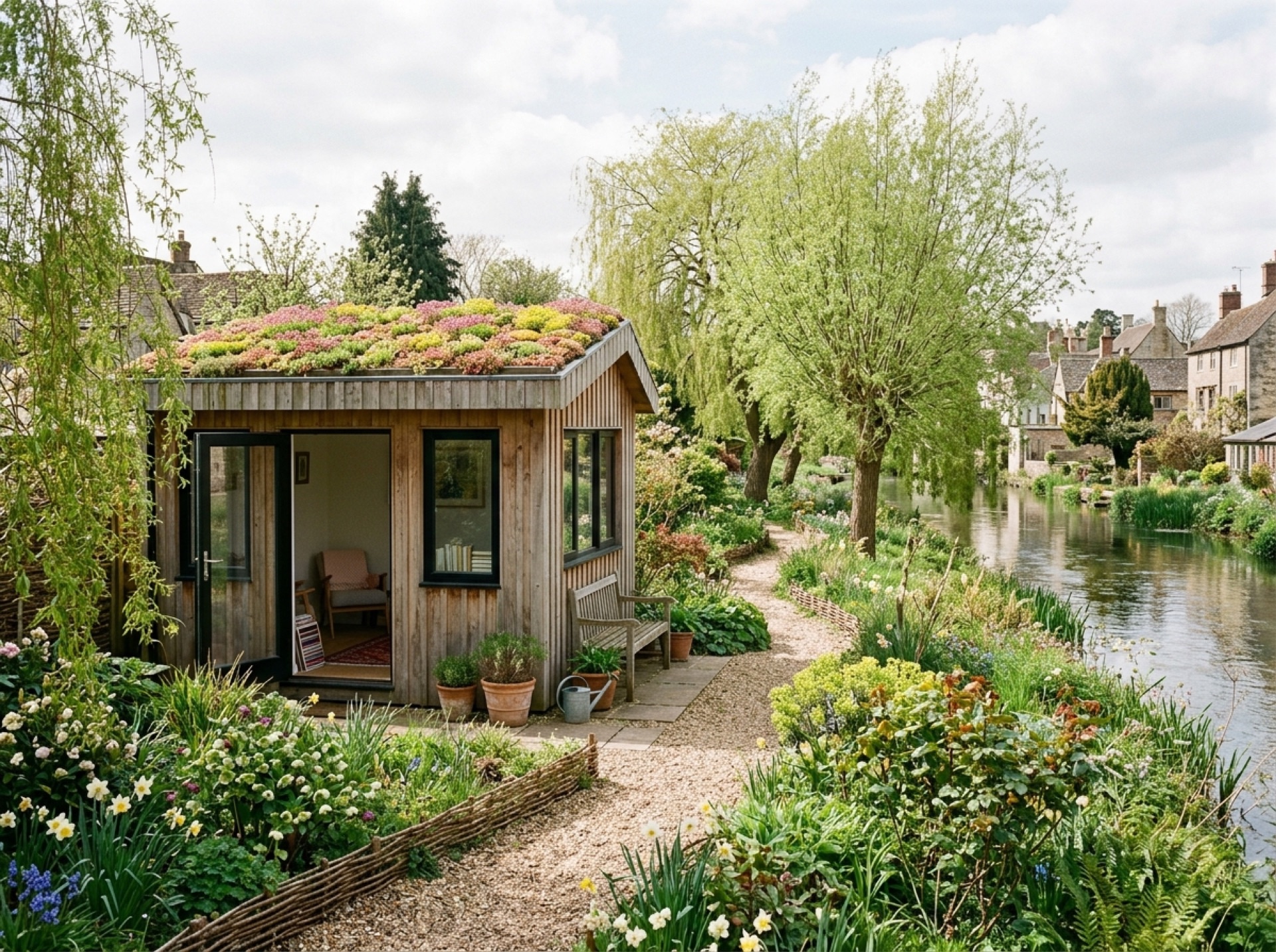 Garden room with a sedum roof beside a riverside town garden