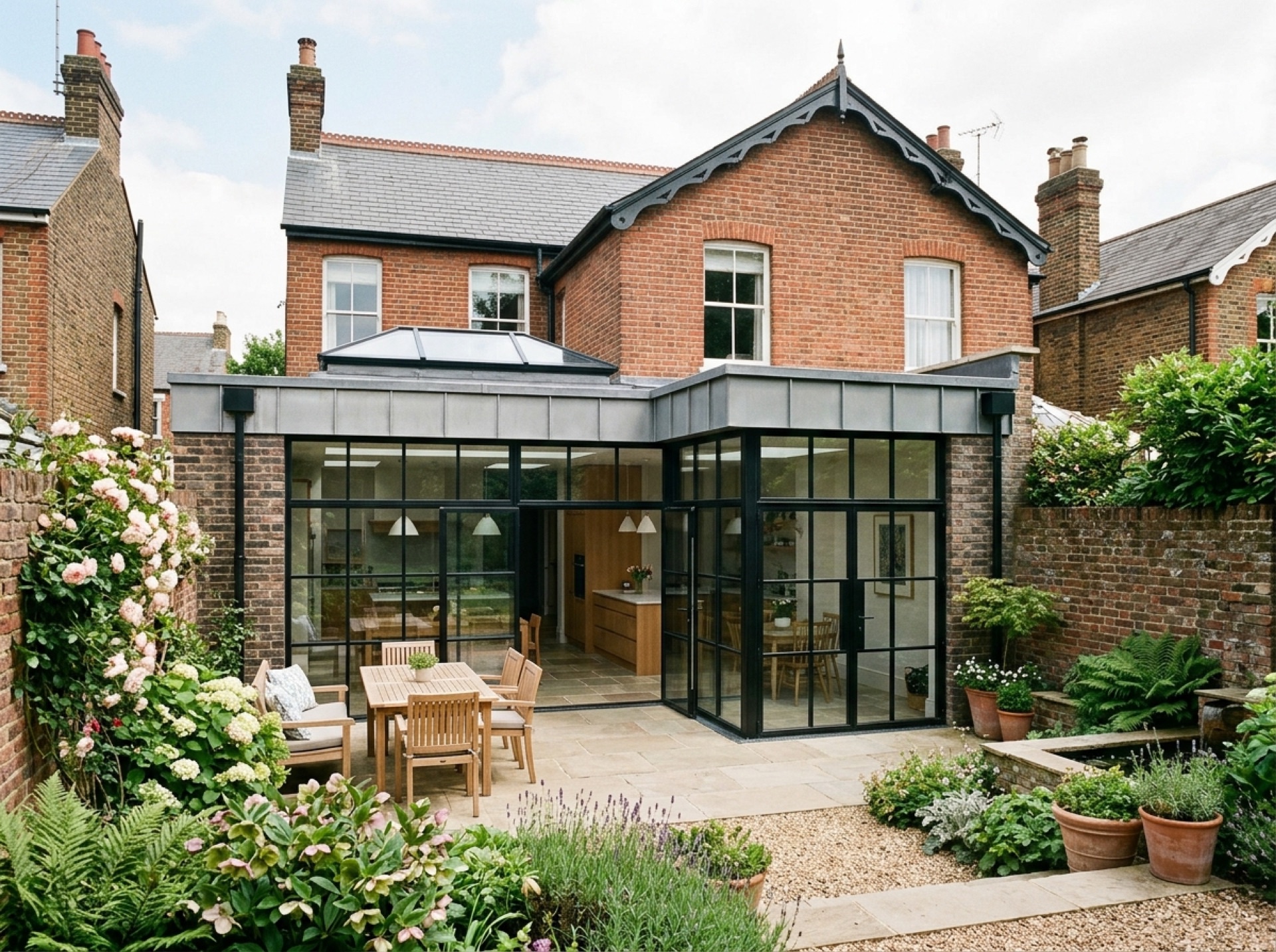 Wraparound rear extension with black-framed glazing on a Victorian house